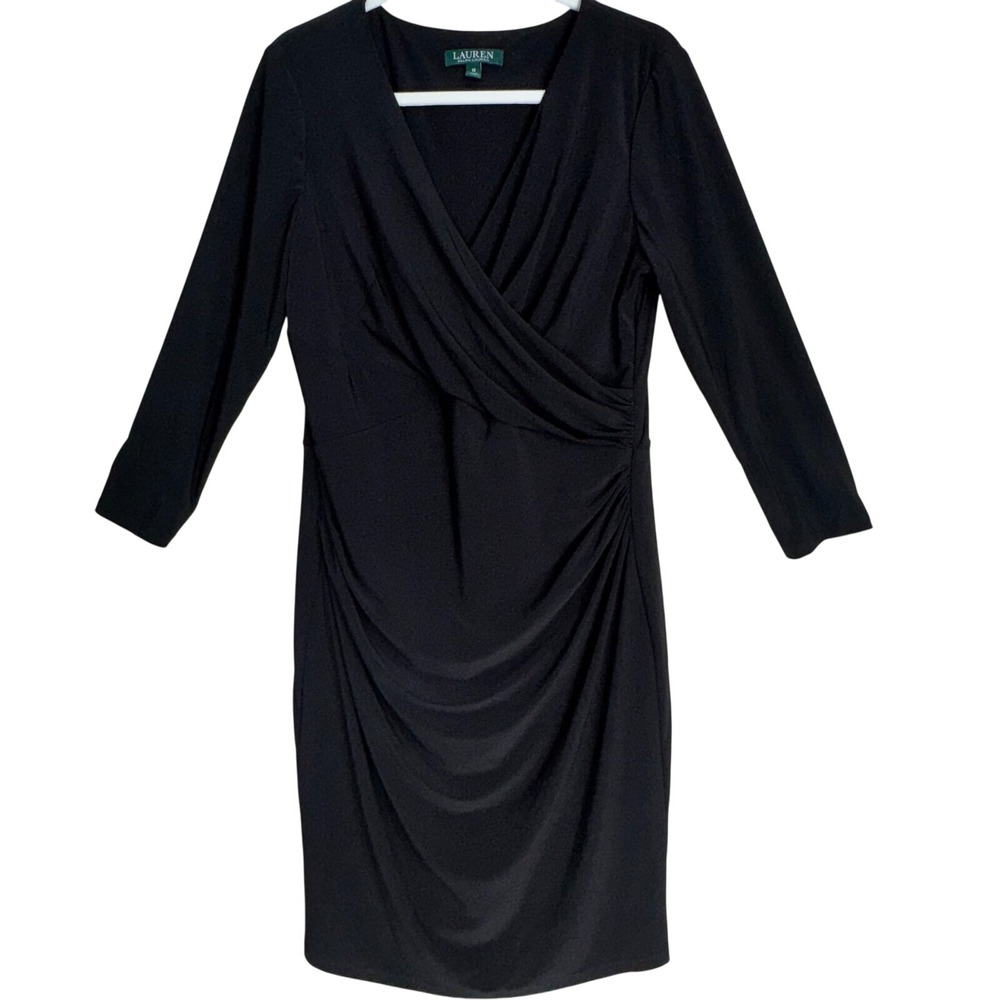 Lauren Ralph Lauren Dress 12 Black Ruched 3/4 Sleeve Midi Stretch Wrap Lined